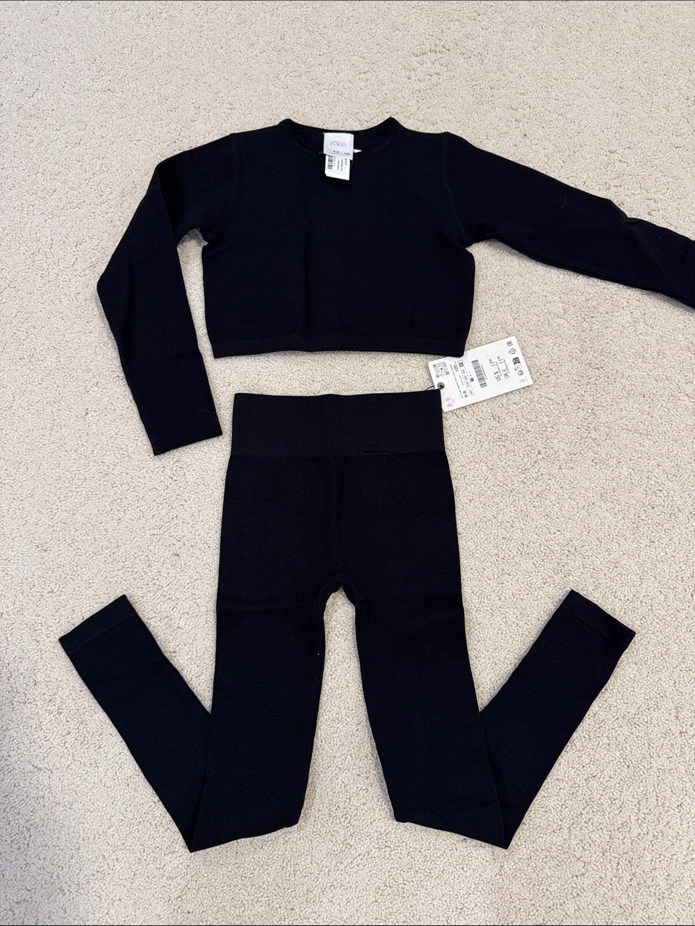 Zara Black Ribbed Crop Top & High-Waist Leggings Set